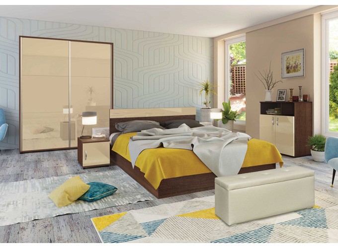 Σετ Κρεβατοκάμαρας 3 τεμαχίων Jenny, Βέγγε με κρεμ γυαλιστερό για στρώμα 160/200 εκ., 204/90/164 εκ., Genomax