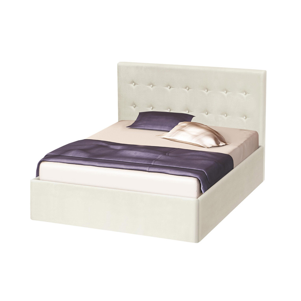 Κρεβάτι διπλό ξύλινο επενδυμένο με ύφασμα και κουμπιά, Aria Botton, Ivory, 160/200, 208/100/166 εκ., Genomax