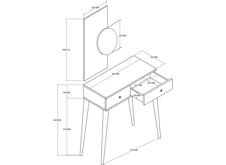 Τουαλέτα με καθρέφτη και ξύλινα πόδια, 6030 ODESA, λευκό,  90χ35χ82εκ., All4home