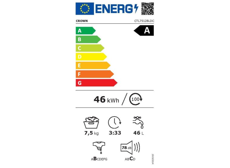 Πλυντήριο Ρούχων Άνω Φόρτωσης 7.5kg 1200 Στροφών CTL7512BLDC, Crown