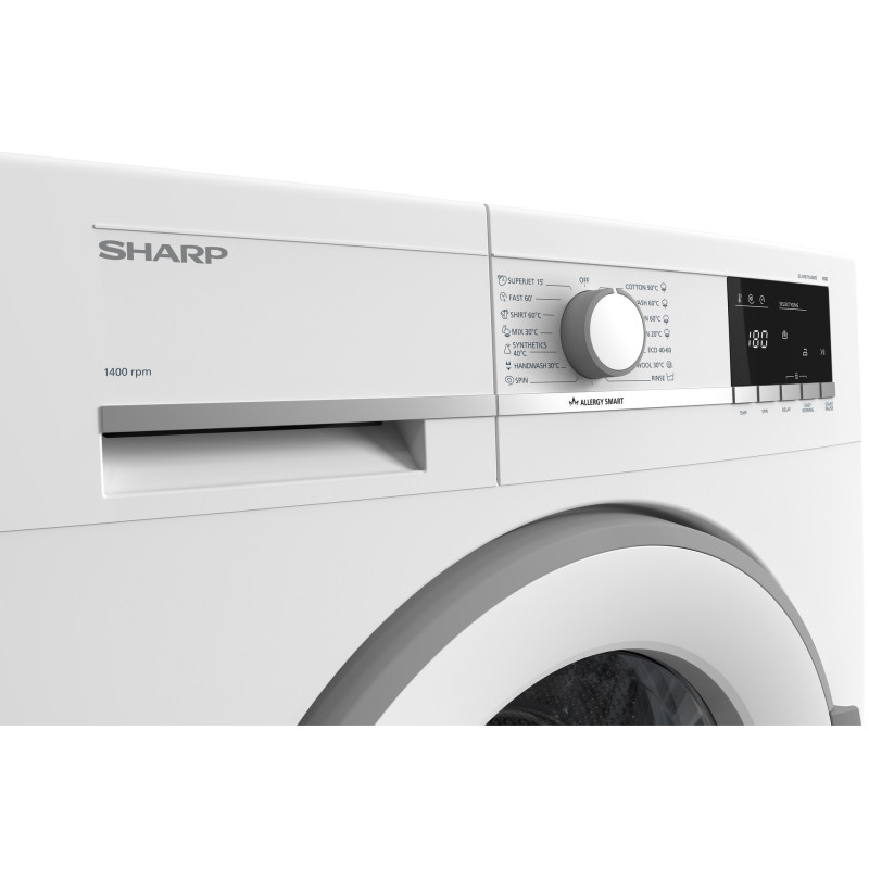 Πλυντήριο ρούχων 1400 στροφών, 7,00 kg, D, Λευκό,  ES-HFB8143WD, Sharp