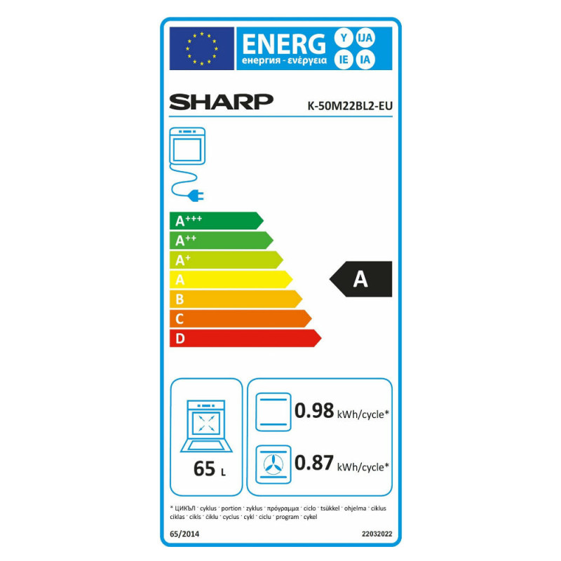 Εντοιχιζόμενος Φούρνος, 65λιτ., 59.5x59.5x57.5 εκ, K-50M22BL2, Sharp