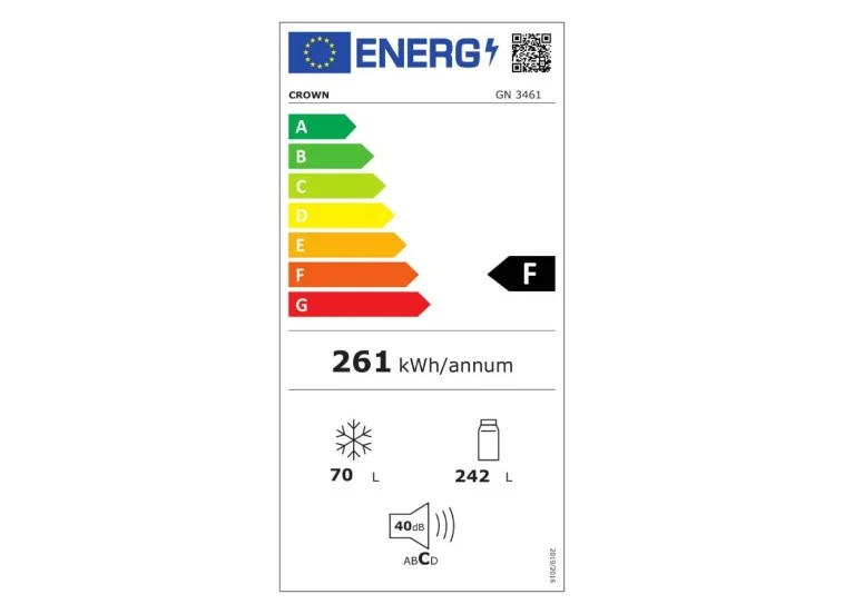 Δίπορτο Ψυγείο GN 3461E , 312lt, 171x60x60 εκ., Crown 