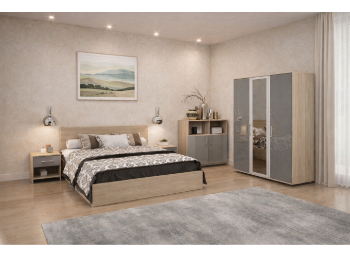 Σετ Κρεβατοκάμαρας 3 τεμαχίων Jenny, Σόνομα με γκρι γυαλιστερό για στρώμα 160/200 εκ., 204/68/164 εκ., Genomax