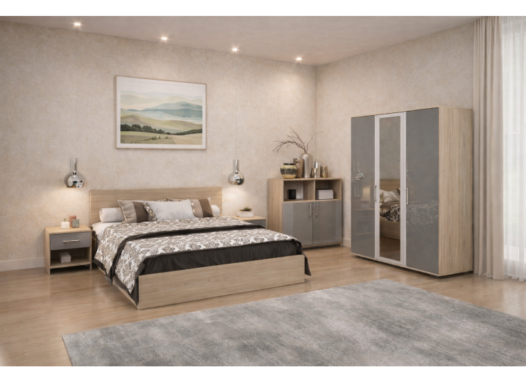 Σετ Κρεβατοκάμαρας 3 τεμαχίων Jenny, Σόνομα με γκρι γυαλιστερό για στρώμα 160/200 εκ., 204/68/164 εκ., Genomax