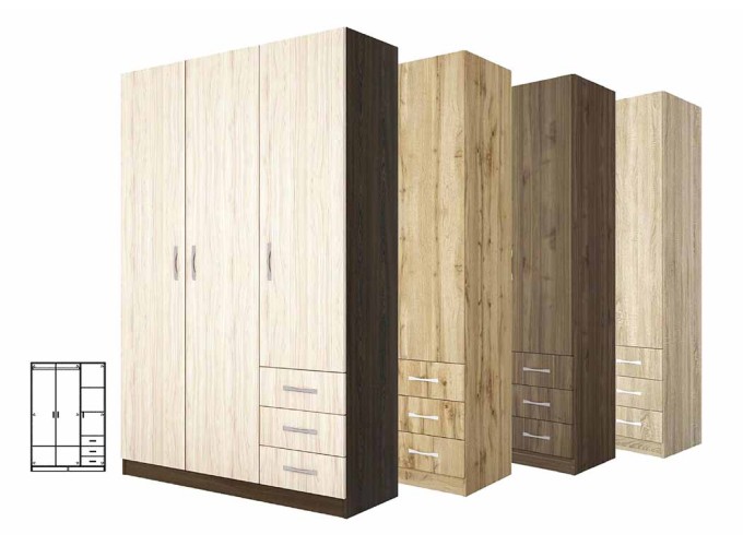 Ντουλάπα Τρίφυλλη με εξωτερικά συρτάρια 1211028 Σασό, 191x117.6x52.5 εκ., Genomax