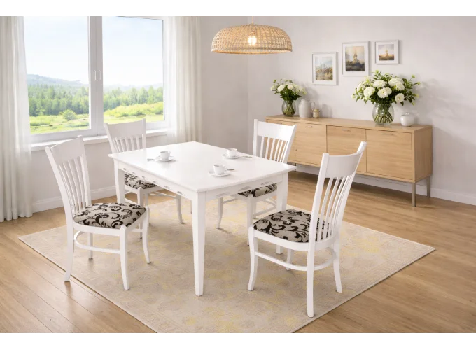 Τραπεζαρία επεκτεινόμενη Honey White με 4 καρέκλες, 120+30/75/80 εκ. Genomax