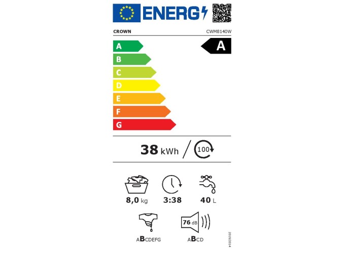 Πλυντήριο ρούχων Crown CWM8140W, 1400 στροφές/λεπτό, 8,00 kg, A, Λευκό