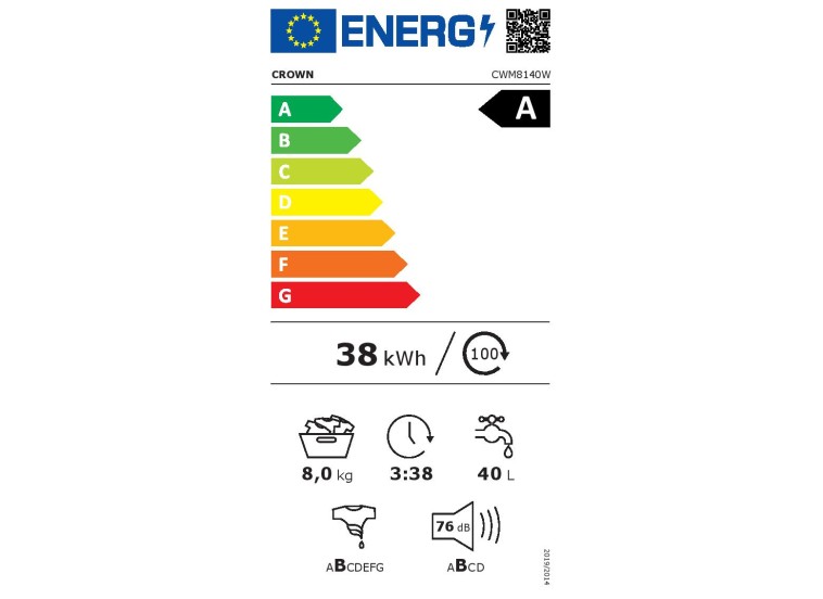 Πλυντήριο ρούχων Crown CWM8140W, 1400 στροφές/λεπτό, 8,00 kg, A, Λευκό