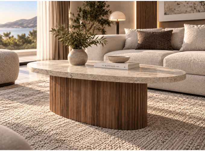 Τραπεζάκι Σαλονιού, Riviera, Οβάλ Καρυδί – Μπεζ Stone με Ραβδωτή Βάση, 120x60x40 εκ., All4home