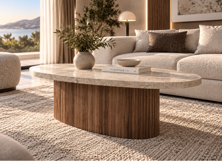 Τραπεζάκι Σαλονιού, Riviera, Οβάλ Καρυδί – Μπεζ Stone με Ραβδωτή Βάση, 120x60x40 εκ.