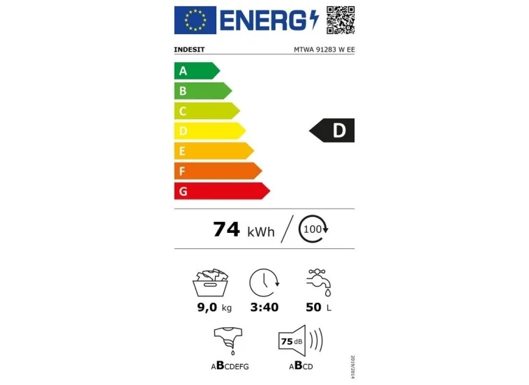 Πλυντήριο ρούχων 9 kg, MTWA 91283 W EE, 1200rpm, D, Indesit | All4home Πλυντήριο ρούχων 9 kg, MTWA 91283 W EE, 1200rpm, D, Indesit
