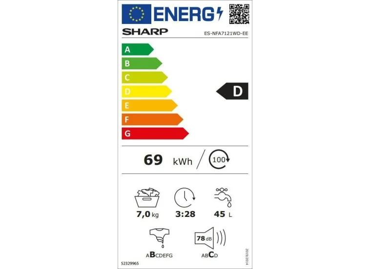 Πλυντήριο ρούχων 7kg, ES-HFA7103W3, Sharp | All4home Πλυντήριο ρούχων 7kg, ES-NFA7121WD, Sharp