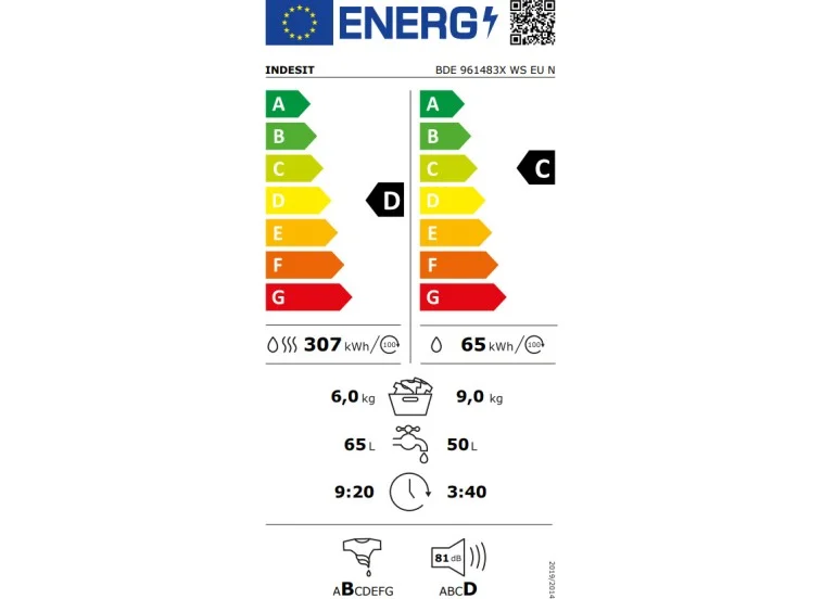 Πλυντήριο στεγνωτήριο ρούχων BDE 961483X WS EU N, Indesit | All4home Πλυντήριο στεγνωτήριο ρούχων BDE 961483X WS EU N, Indesit