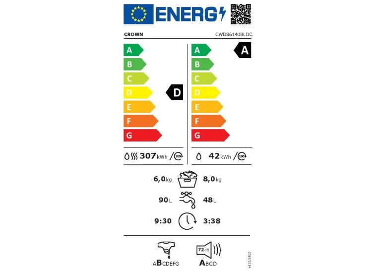Πλυντήριο-στεγνωτήριο CWD86140BLDC, 1400 στροφές/λεπτό, 6 kg, 8,00 kg, A,  Crown 