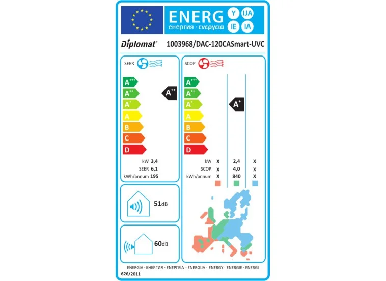 Κλιματιστικό Inverter 12000 BTU με Ιονιστή και WiFi, DAC-120CA Smart-UVC, Diplomat 