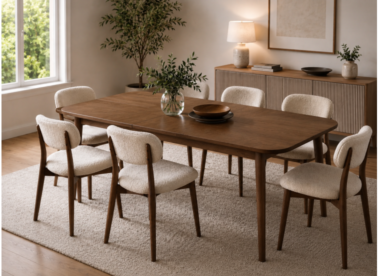 Σετ Τραπεζαρίας Nordic Walnut 7 Τεμαχίων με Υφασμάτινες Καρέκλες, All4home