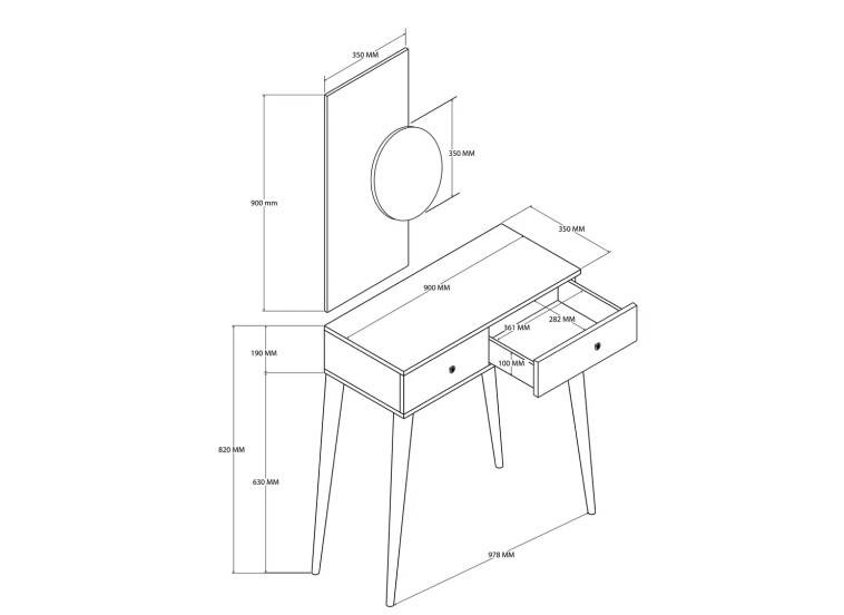 Τουαλέτα με καθρέφτη και ξύλινα πόδια, 6034 ODESA, 90χ35χ82εκ., All4home