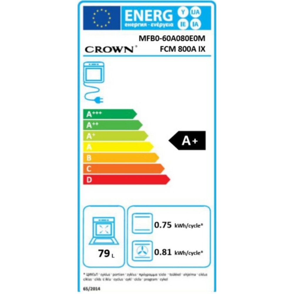 Φούρνος άνω Πάγκου, 79lt χωρίς Εστίες, Π56εκ., Inox, FCM 800A IX, Crown 