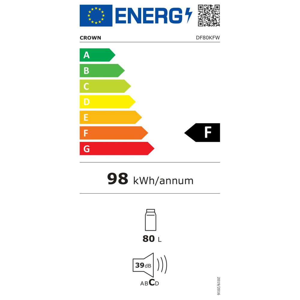 Ψυγείo μονόπορτο 80 lt., F, DF80KFW, Crown