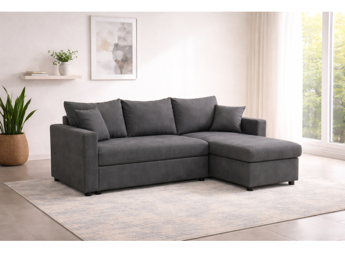 Γωνιακός καναπές κρεβάτι, San Diego, με αποθηκευτικό χώρο, Γκρι, 235x160, Silk