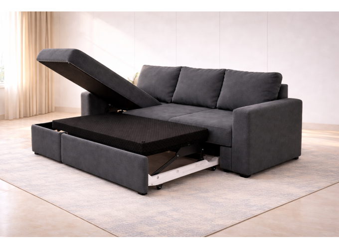 Γωνιακός καναπές κρεβάτι, San Diego, με αποθηκευτικό χώρο, Γκρι, 235x160, Silk