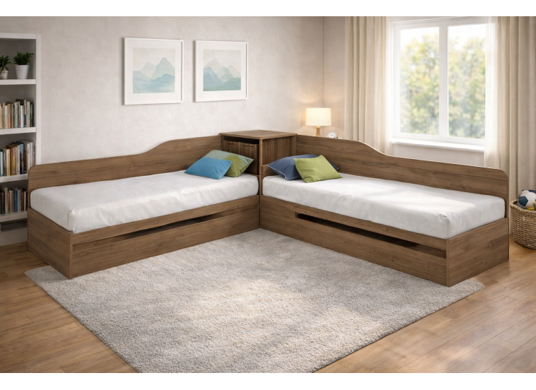 Κρεβάτι γωνιακό μπαούλο, 1212001 Καρυδί, Δώρο Μηχανισμός Ανύψωσης, 82/190, Genomax