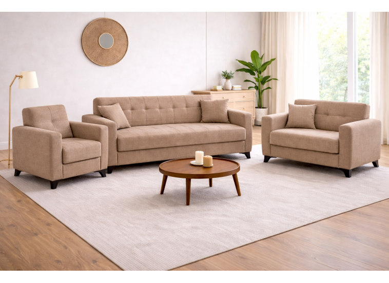 Σετ σαλονιού, Τριθέσιος - Διθέσιος - Πολυθρόνα  Modesto, Μπεζ , All4home