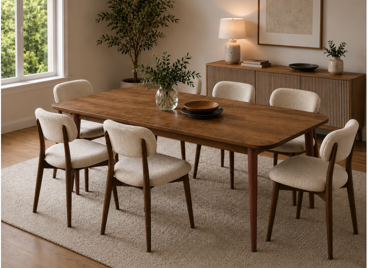 Σετ Τραπεζαρίας Nordic Walnut 7 Τεμαχίων με Υφασμάτινες Καρέκλες, All4home