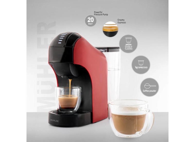 Μηχανή καφέ με κάψουλες MCM-611 Nespresso με πίεση 20bar, Κόκκινο,Muhler Μηχανή καφέ με κάψουλες MCM-611 Nespresso με πίεση 20bar, Κόκκινο,Muhler