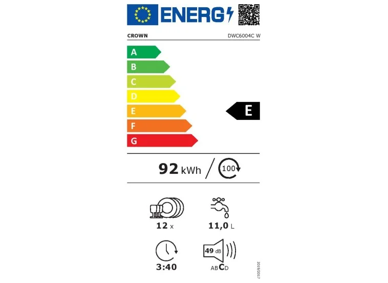 Πλυντήριο πιάτων DWC6004C W, Λευκό ,12 σερβίτσια, E, Crown