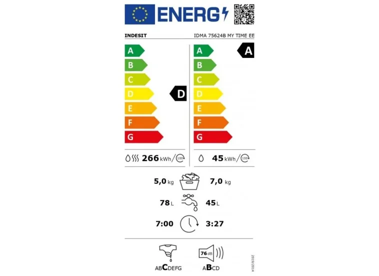 Πλυντήριο-στεγνωτήριο IDMA 75624B MY TIME EE, 1400 στροφές/λεπτό, 5 kg, 7,00 kg, D, Λευκό, Indesit