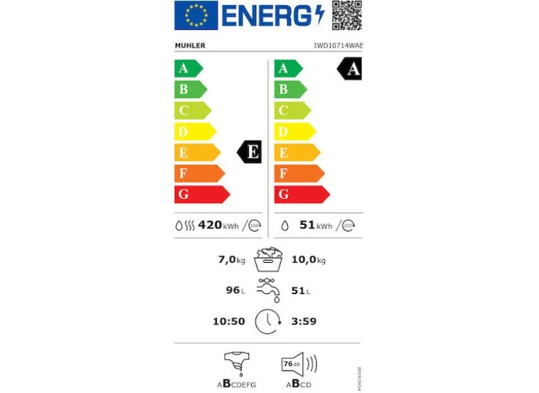 Πλυντήριο ρούχων και στεγνωτήριο IWD10714WAE, Class A, Steam Wash, Inverter, 10/7kg, 1400rpm Muhler