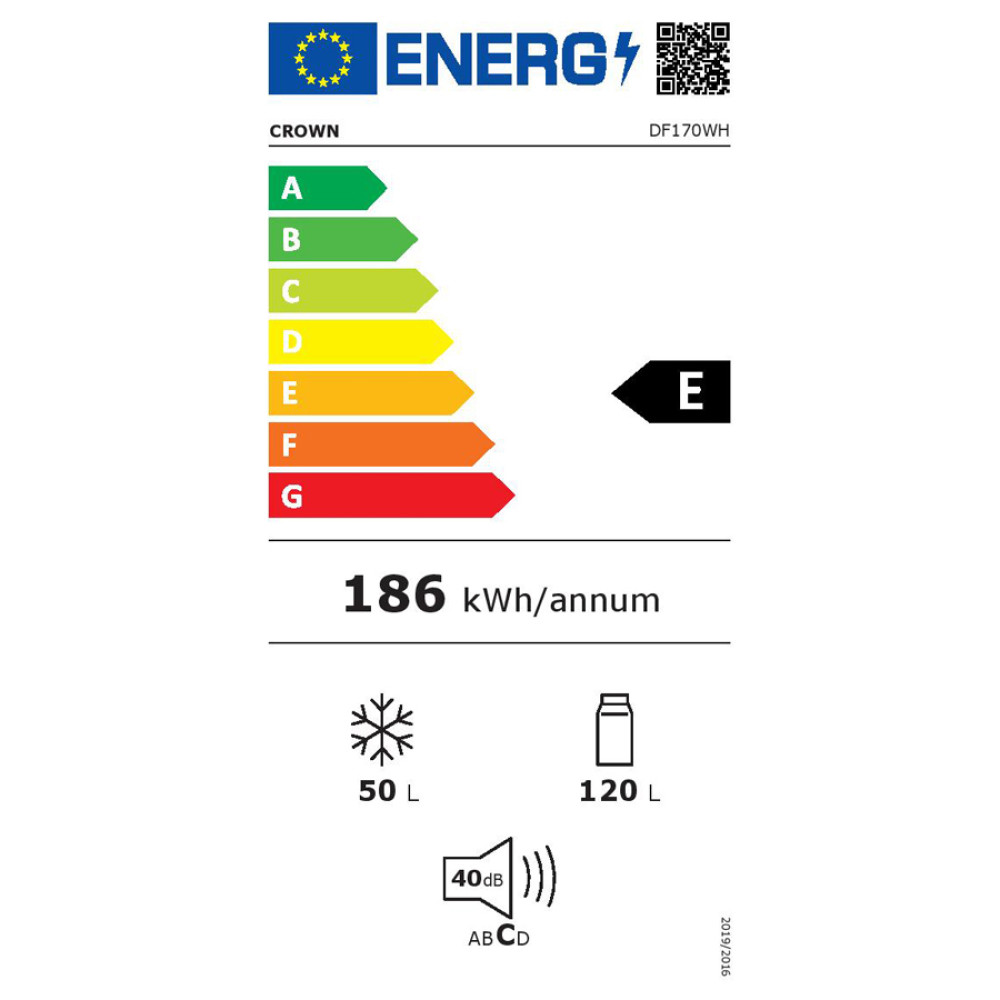 Ψυγειοκαταψύκτης DF170WH , 170 l, E , Στατικός , Λευκός , Crown