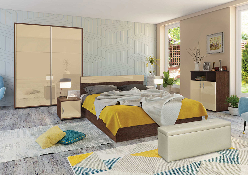 Σετ Κρεβατοκάμαρας 3 τεμαχίων Jenny, Βέγγε με κρεμ γυαλιστερό για στρώμα 160/200 εκ., 204/90/164 εκ., Genomax - Στρώμα ορθοπεδικό με βάση