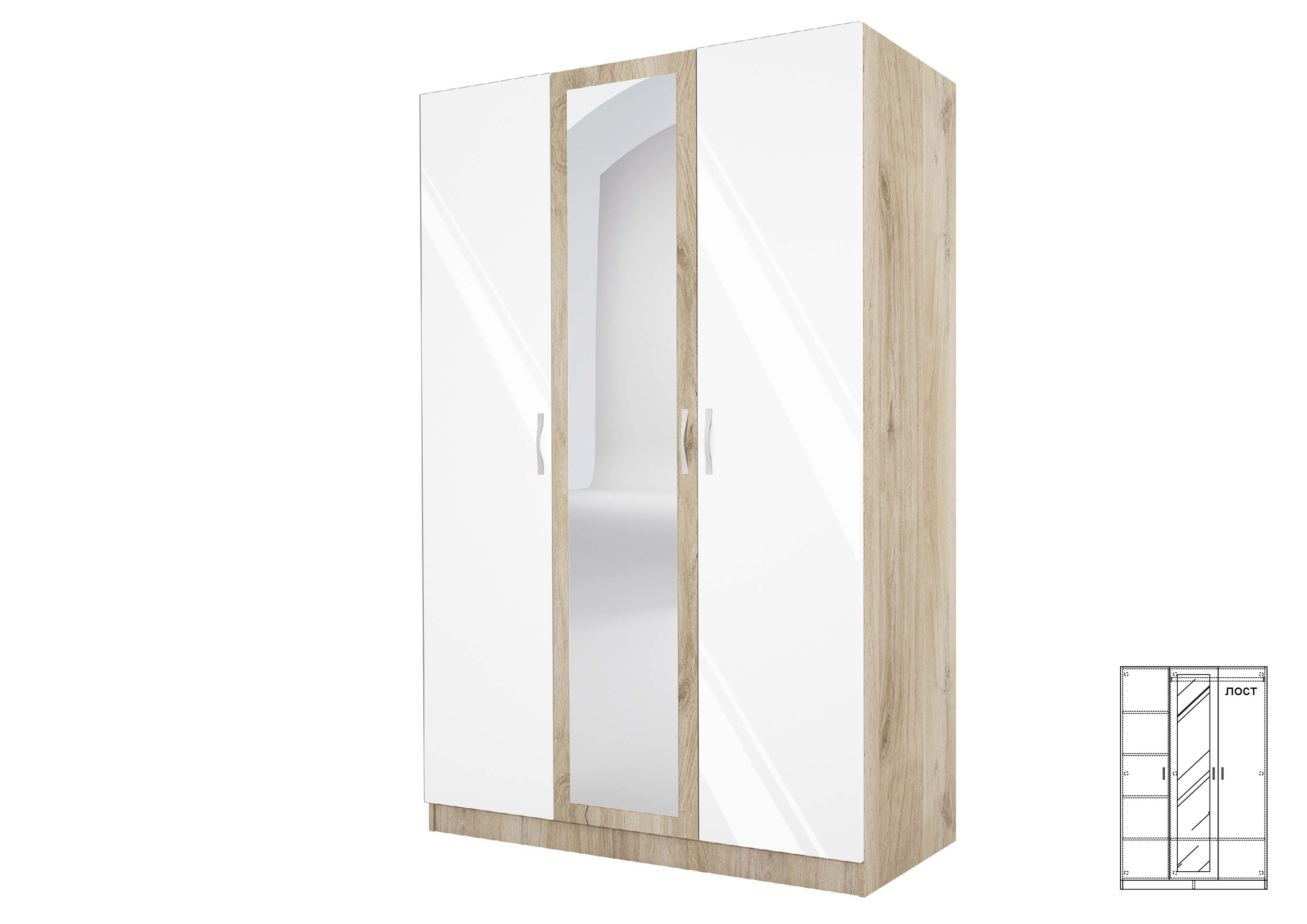 Ντουλάπα Τρίφυλλη με καθρέφτη, 1211003 Σόνομα Λευκό, 52x191x120, Genomax