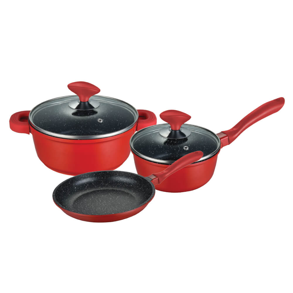 Σετ Μαγειρικά Σκεύη από Αλουμίνιο Κόκκινα με Επίστρωση από Πέτρα 5τμχ Kara MR-5048S Muhler