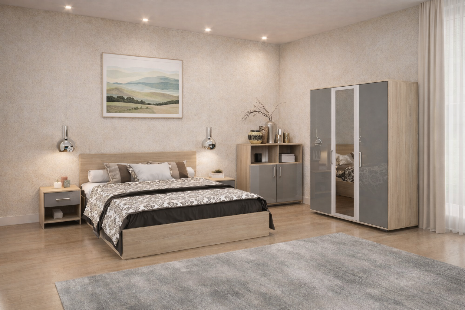 Σετ Κρεβατοκάμαρας 3 τεμαχίων Jenny, Σόνομα με γκρι γυαλιστερό για στρώμα 160/200 εκ., 204/68/164 εκ., Genomax - Στρώμα ορθοπεδικό με βάση