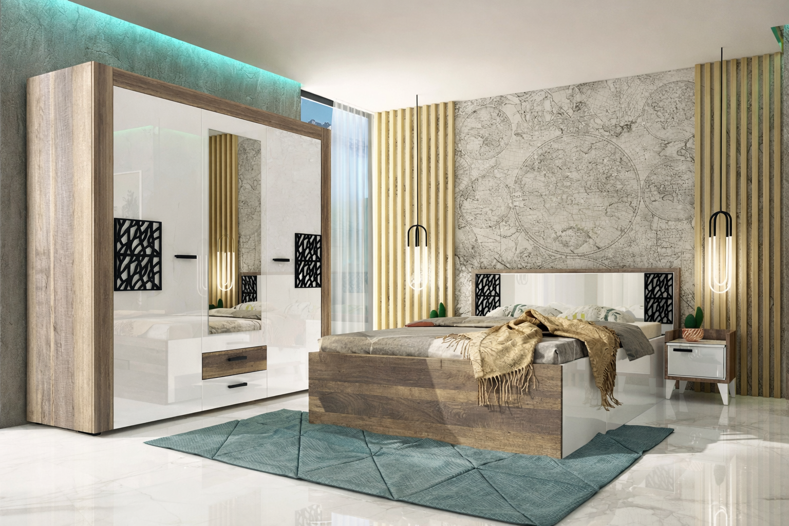 Σετ Κρεβατοκάμαρας 4 τεμαχίων 160/200, Cahara, 261/206/98 εκ., Σονομα / Λευκό, Genomax - Στρώμα ορθοπεδικό με βάση