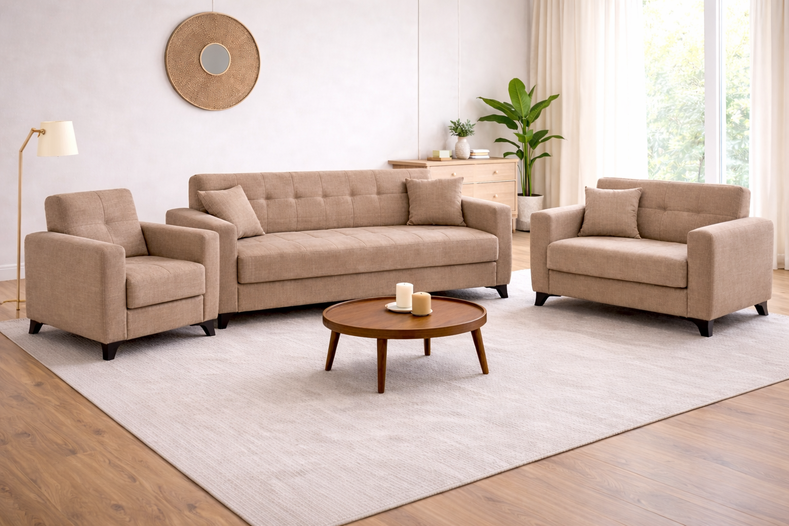 Σετ σαλονιού, Τριθέσιος - Διθέσιος - Πολυθρόνα Modesto, Μπεζ , All4home