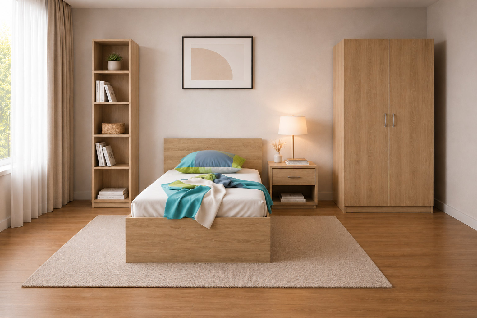 Σετ Παιδικού Δωματίου Oak Modern με Κρεβάτι, Ντουλάπα, Κομοδίνο & Βιβλιοθήκη, All4home - Στρώμα με βάση Simo , με ελατήρια, Genomax